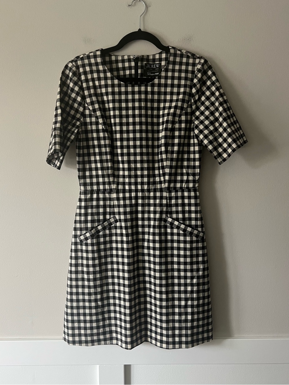 J.Crew Gingham Wool Fit & Flare Dress Black White Size 6 Tollegno 1900